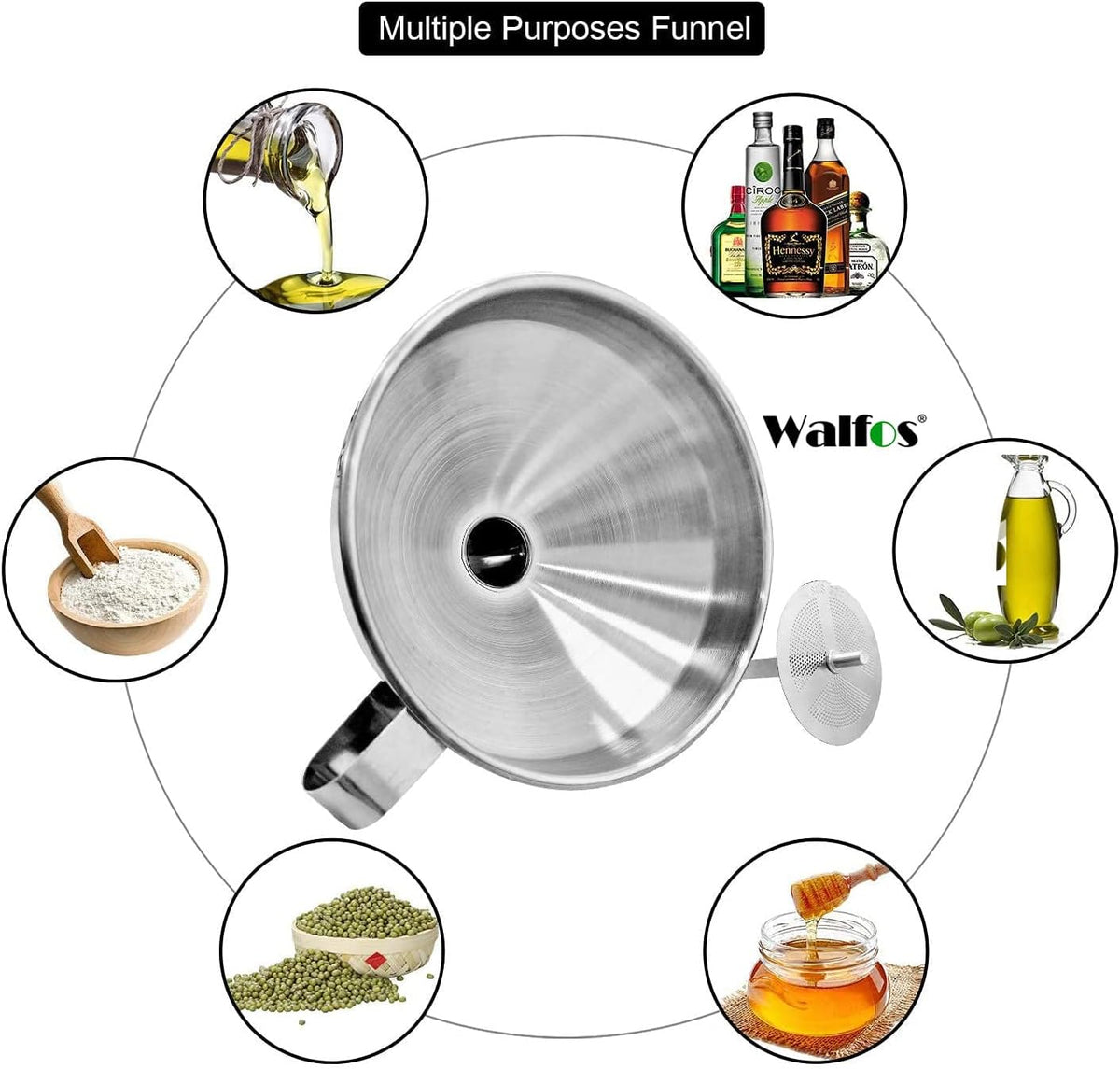 Stainless Steel Funnel, Walfos 3 Pack Kitchen Funnel with 2 Removable Strainer ＆ 1Pcs Cleaning
