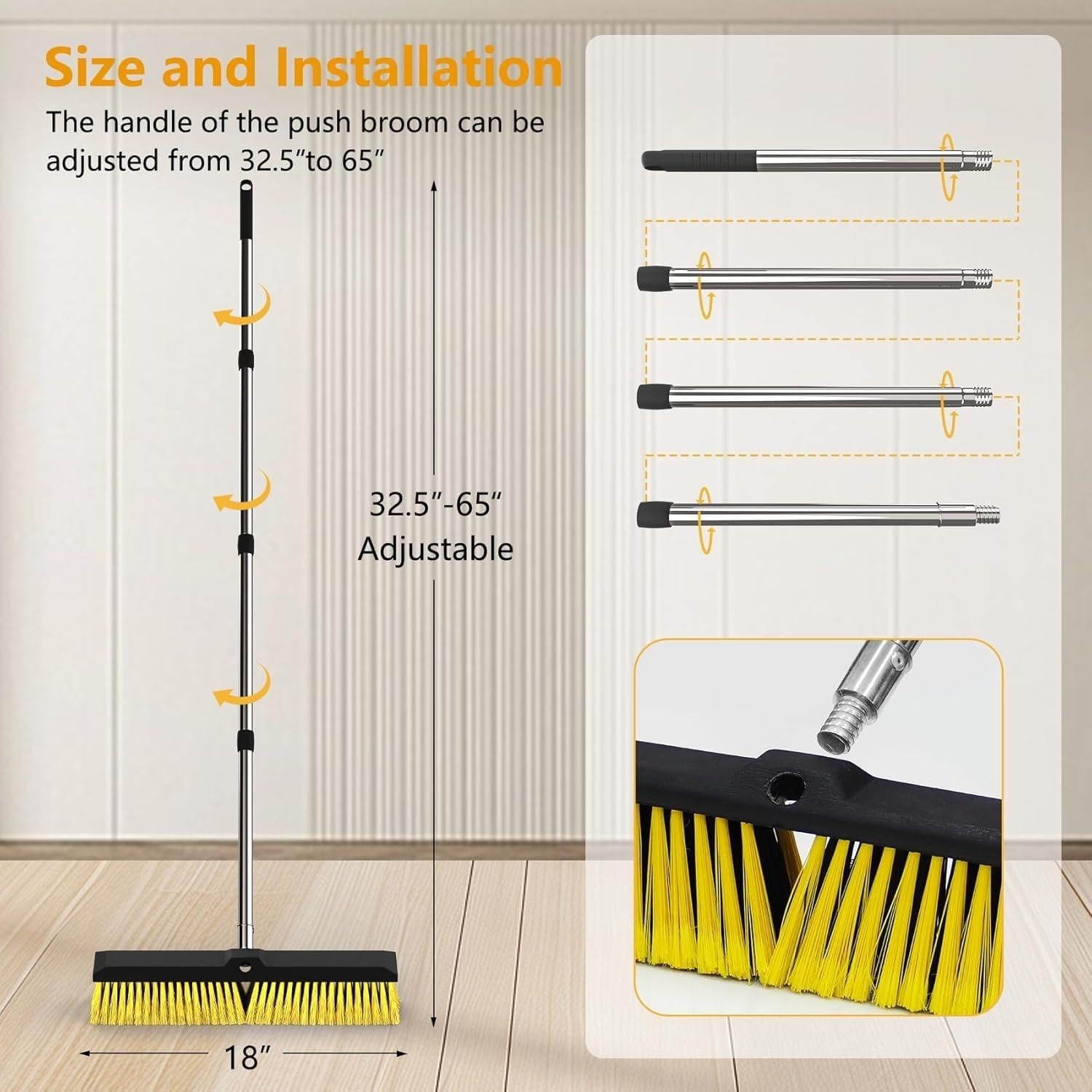 18 Inches Push Broom Outdoor with 65" Adjustable Handle, Heavy Duty Outdoor Broom with Stiff