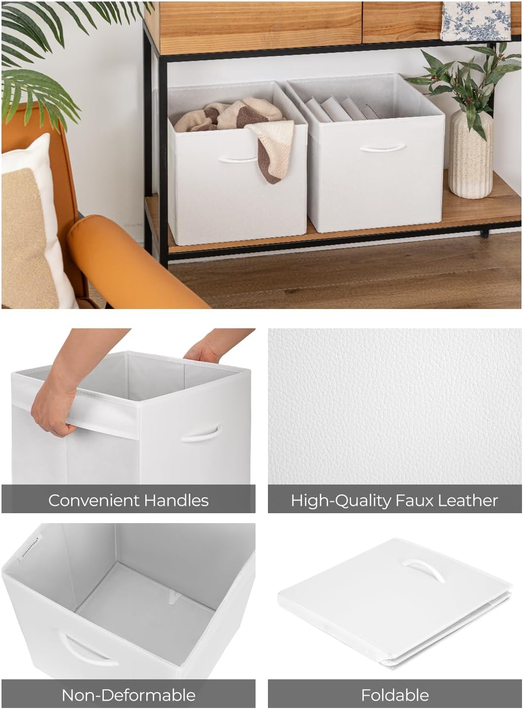 StorageWorks White Storage Cubes, 13-inch Leather Bins with Handle, Cube Organizer Baskets for