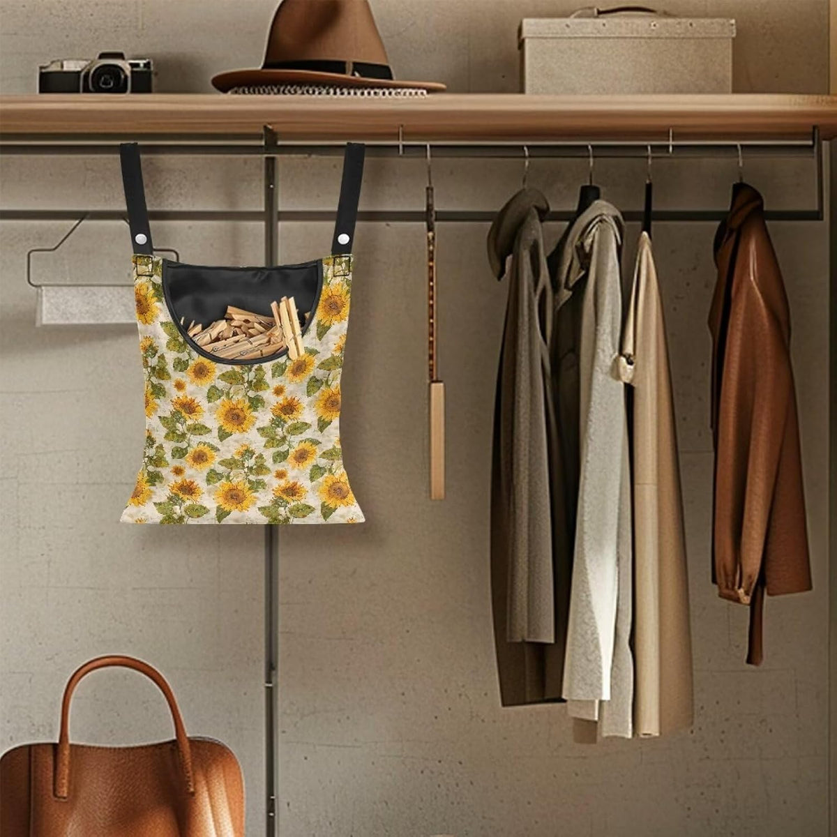 Sunflower Clothespin Organizer Bag with Hanging Hook Waterproof Clothes Pin Storage with Large