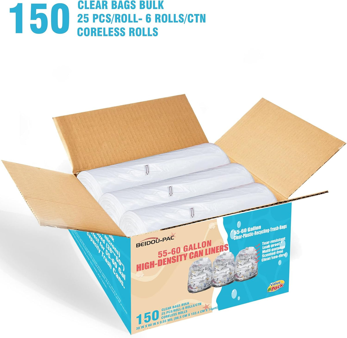 55-60 Gallon Trash Bags, 150 Count Bulk, Heavy Duty Clear Plastic Recycling Garbage Bags