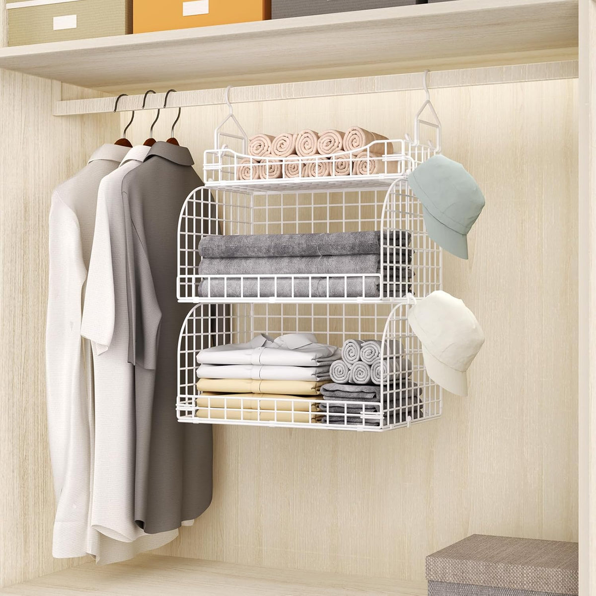 HapiRm Hanging Closet Organizer Storage - 3 Tier Metal Stackable Hanging Closet Shelves with
