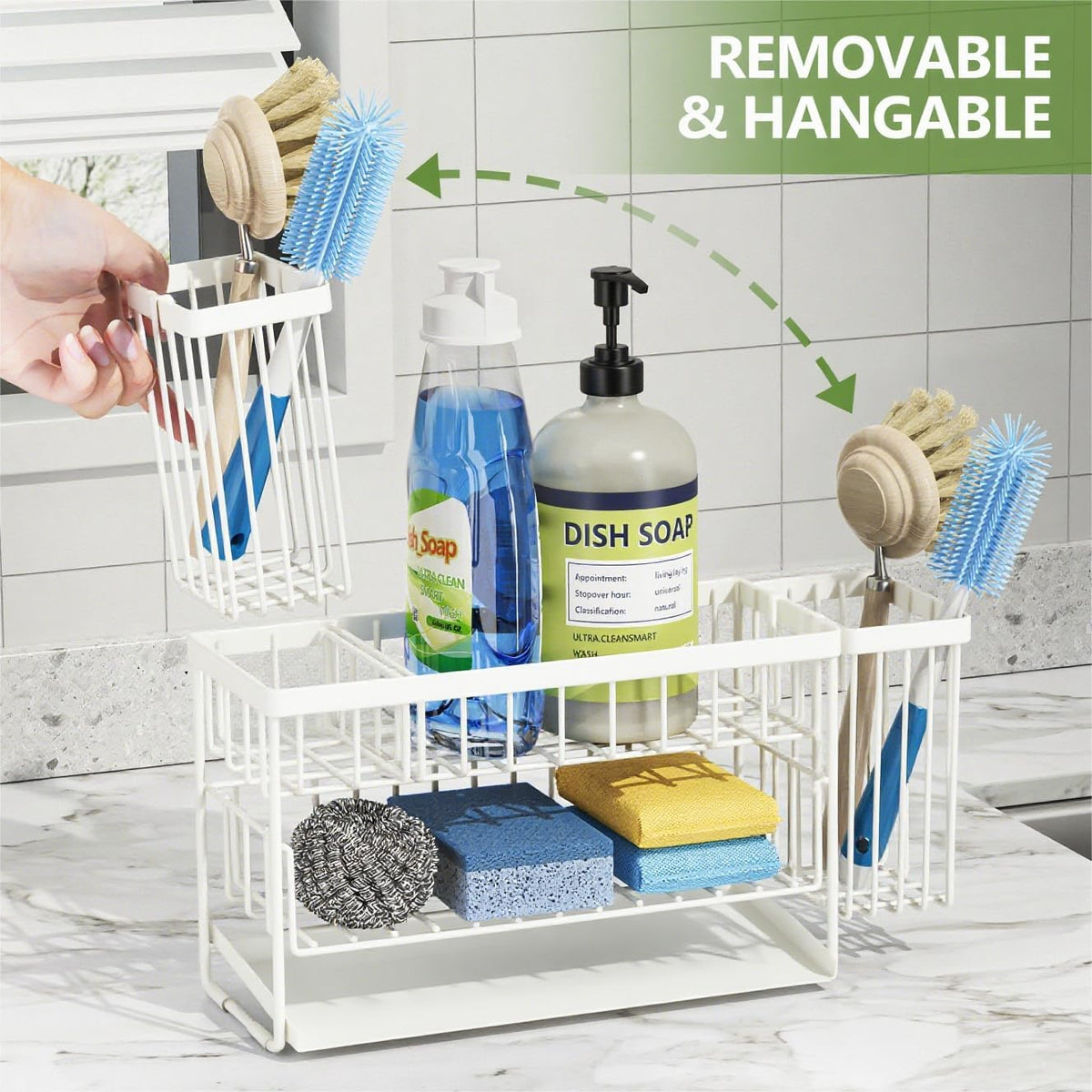 Cisily White 2-Tier Kitchen Sink Caddy Organzier Rack with Flexible Dish Brush Holder, Sponge