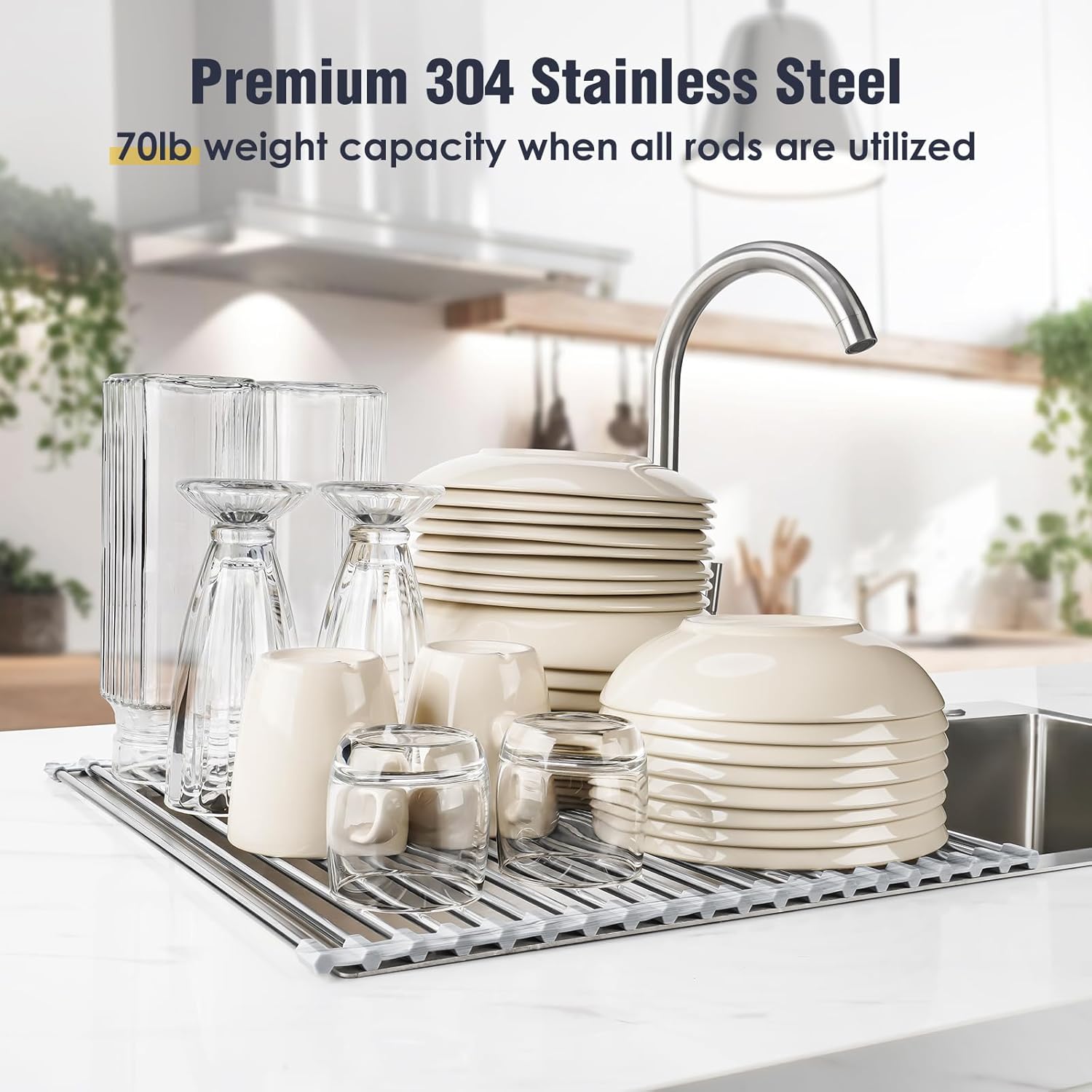 Tomorotec Stainless Steel Roll-Up Dish Drying Rack Marble Color Silicone Edges, Foldable Kitchen