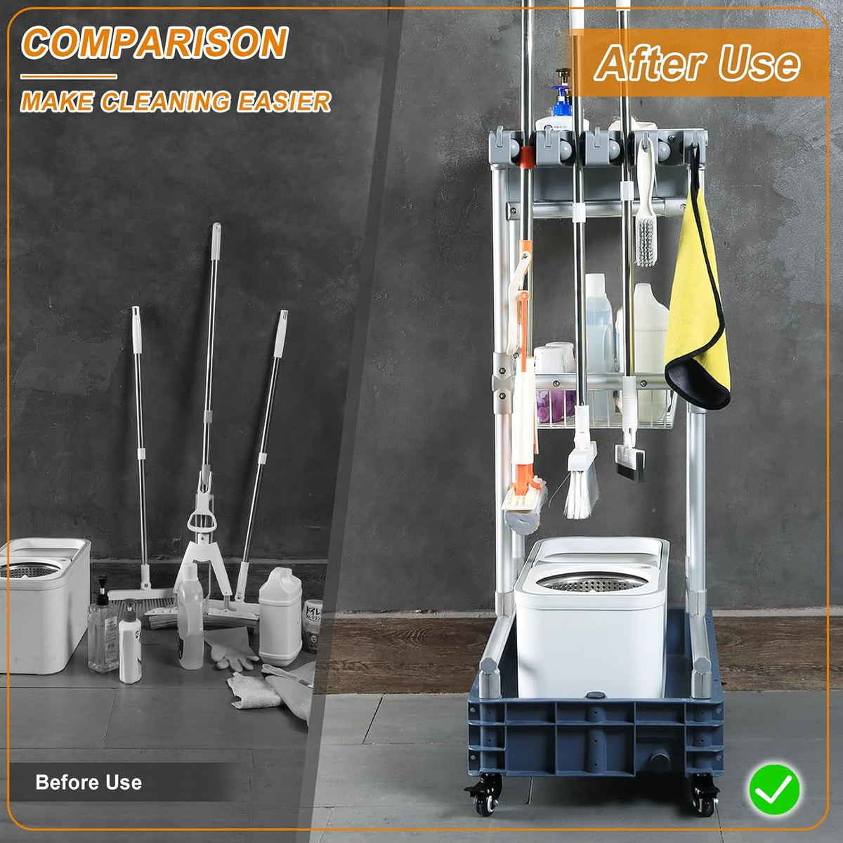 Rolling Cleaning Cart with Mop & Broom Organizer ， Convenient Storage Cart for Janitorial Supplies