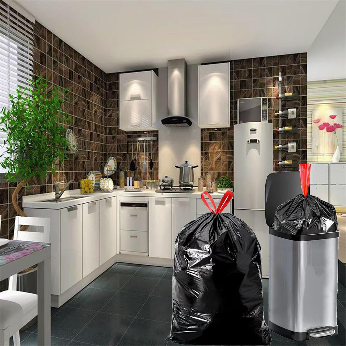 Large Black Trash Bags 20-21 Gallon Drawstring Garbage Bags,Measuring 28x 33.8 inches,Heavy Duty