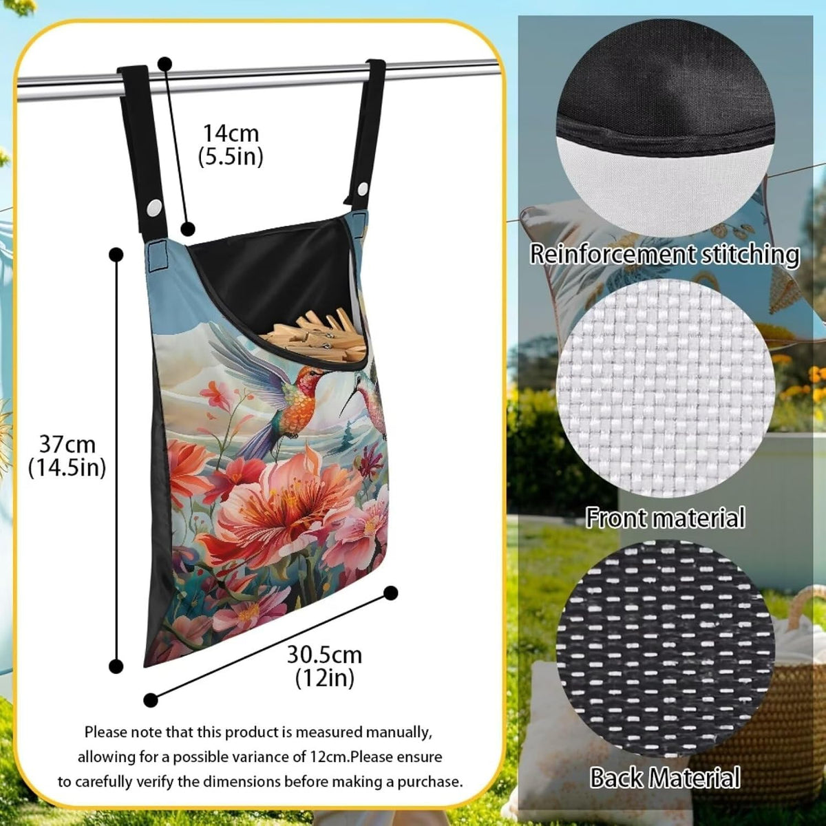 Hummingbird Hibiscu Large Capacity 14.5 x 12 Inch Clothespin Bag with Hanging Hook Waterproof