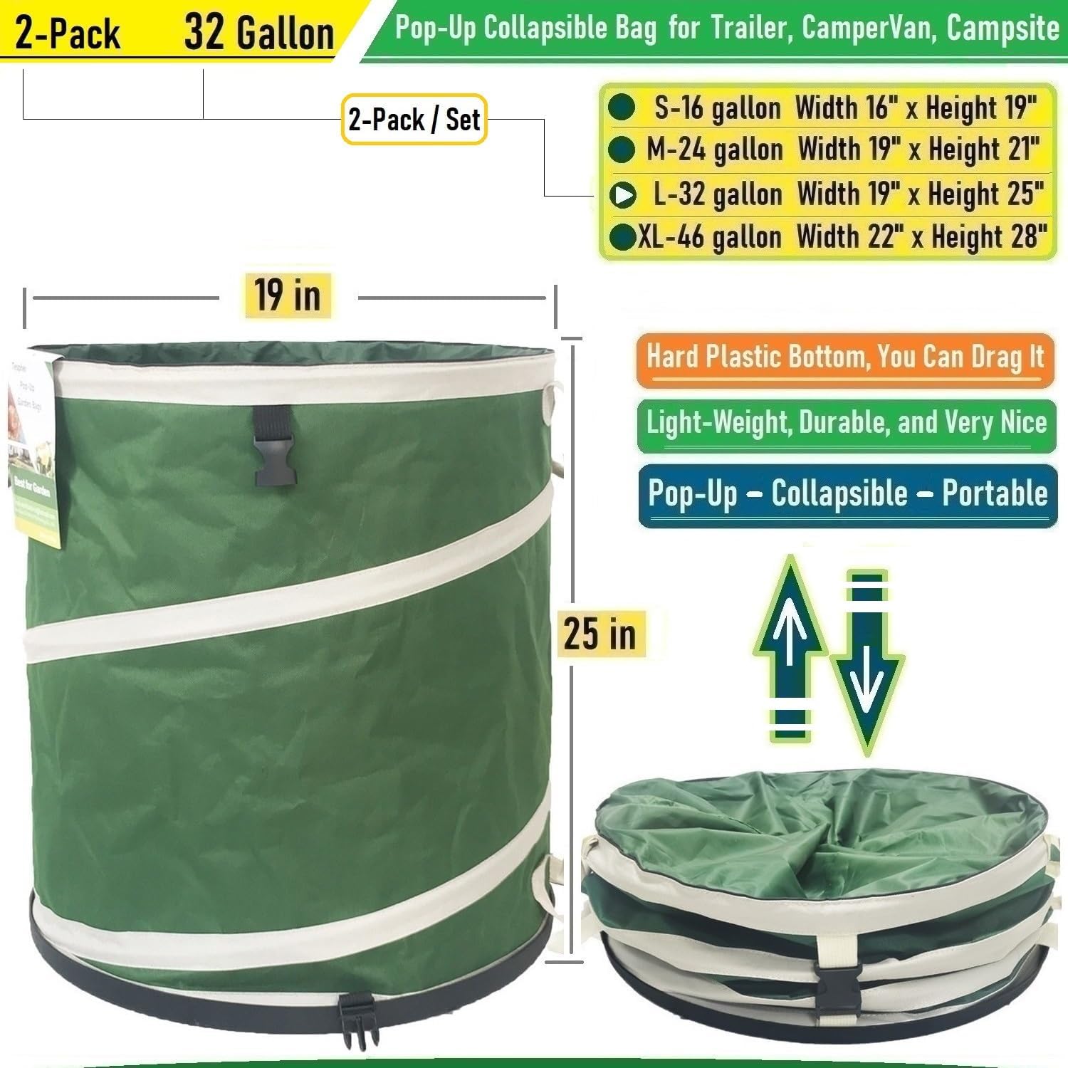 2-Pack 32 Gallon Collapsible Trash Can (19x25 in) Solid Bottom for Yard Waste Bag,Yard Debris