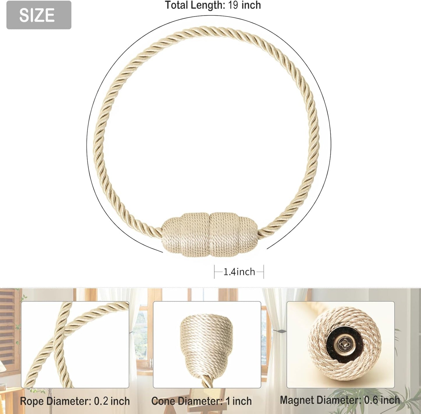 Magnetic Curtain Tiebacks - Rope Tiebacks for Curtains & Drapes, Decorative Window Holdbacks (6