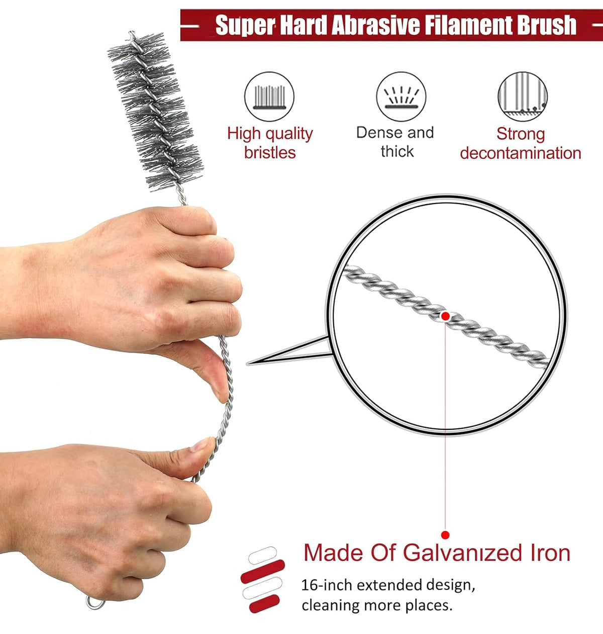 16 Inch Extra Long Pipe Cleaning Brush Set Abrasive Filament, 8 Piece Variety Pack for Removal of