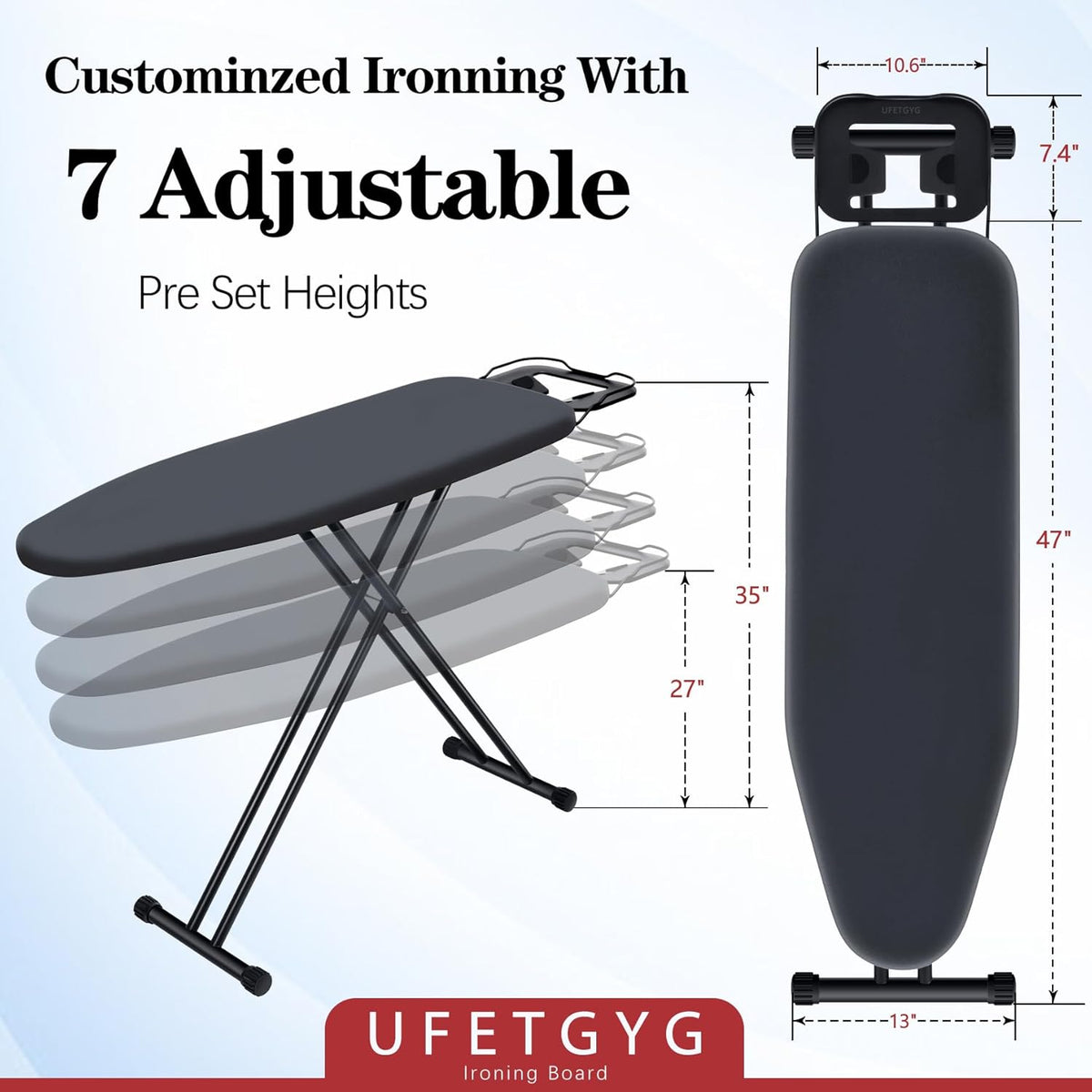Ironing Board, Metal Panel Iron Board |43" X 13" W/with Iron Rest | Full Metal Construction| Height