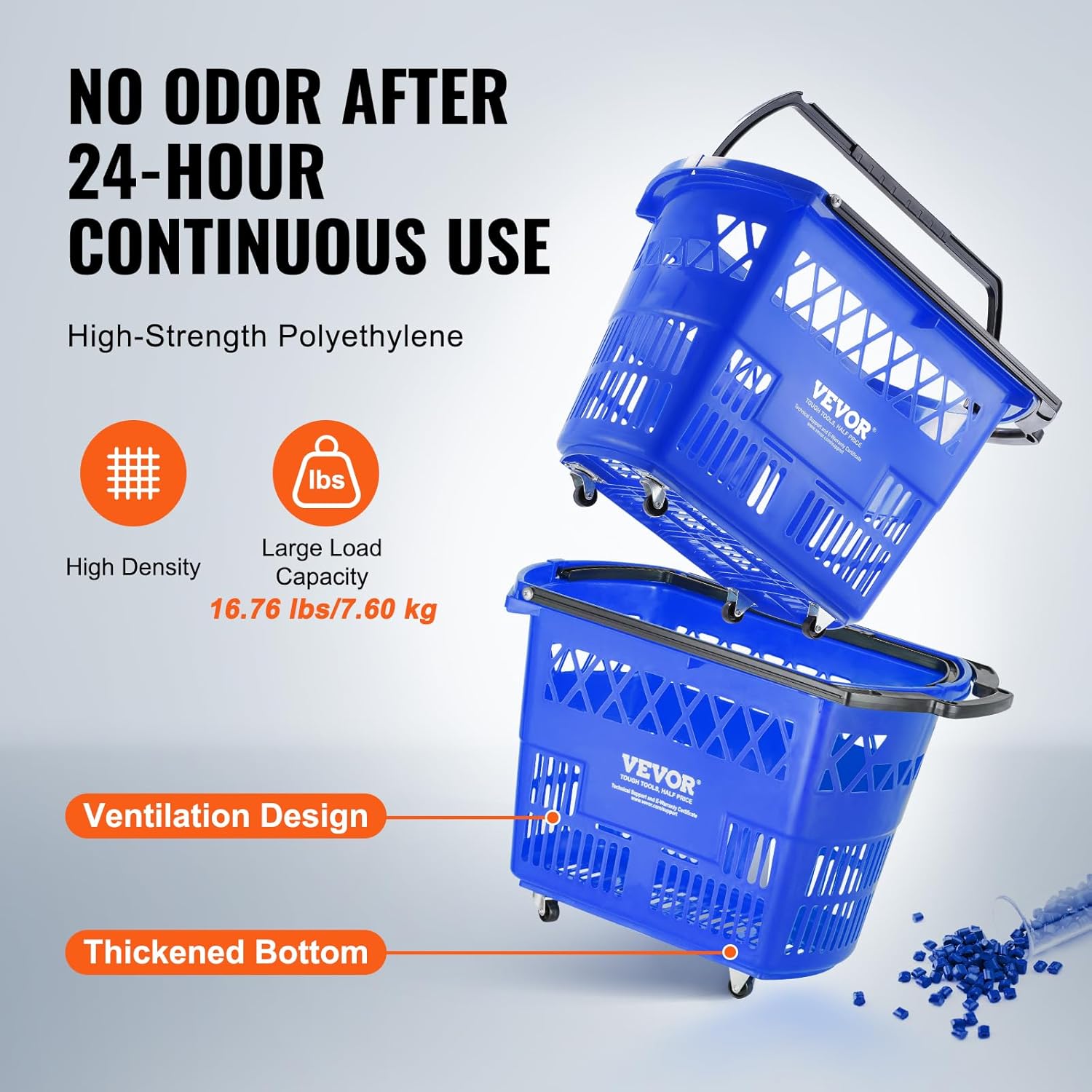 VEVOR Shopping Carts with Handles, 6PCS, 39L Plastic Rolling Shopping Basket with Wheels, Large