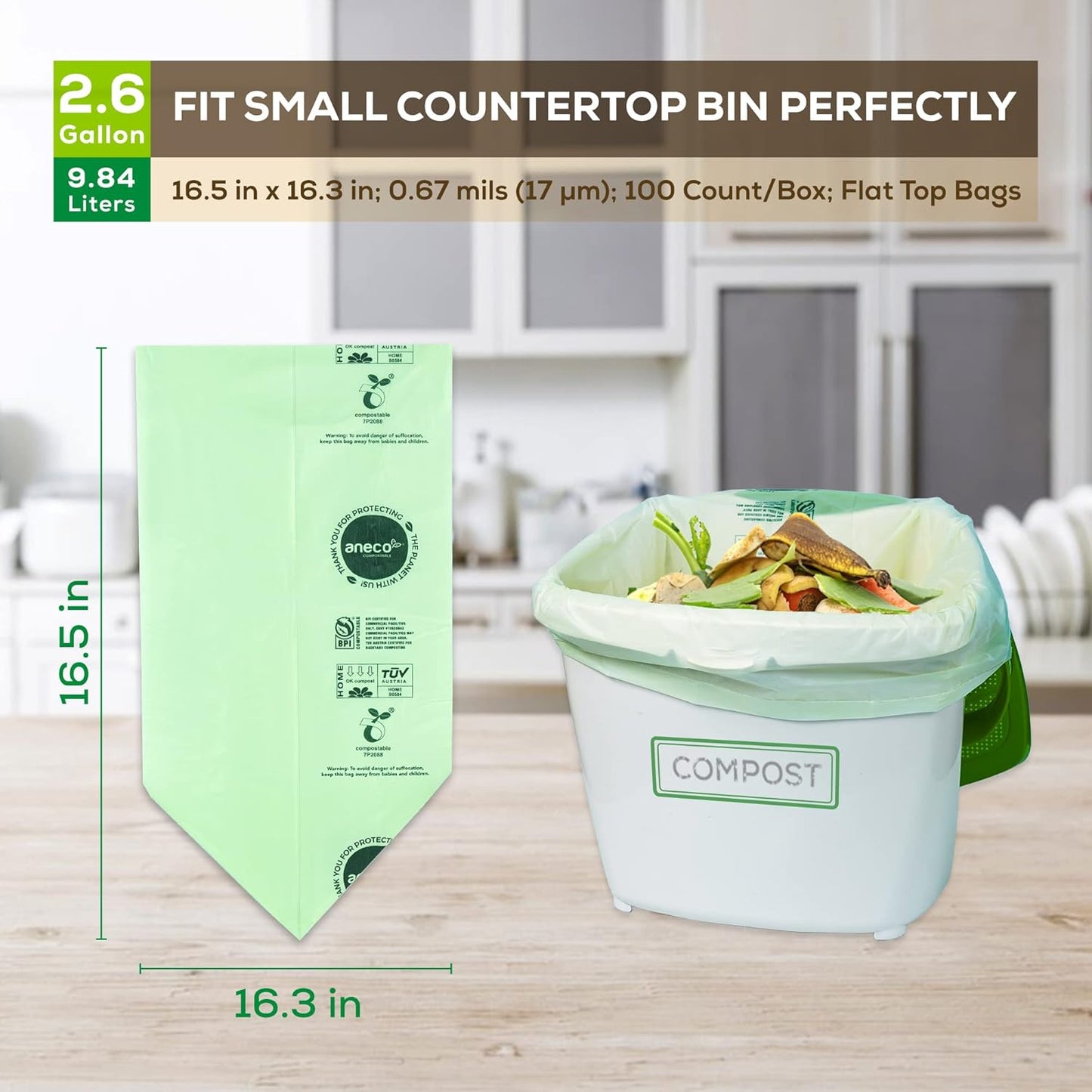 ANECO 100% Compostable Waste Bags 2.6 Gallon (Flat Top Bags, 50 Count) Extra Strong Kitchen Small