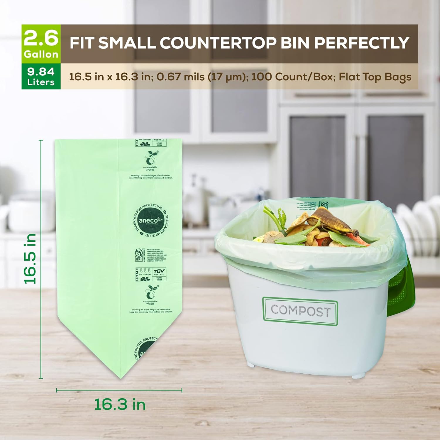 ANECO 100% Compostable Waste Bags 2.6 Gallon (Flat Top Bags, 50 Count) Extra Strong Kitchen Small
