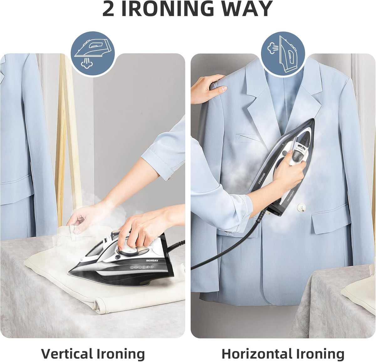 Steam Iron for Clothes Rapid Heating, 1700W Iron with Non-Stick Ceramic Soleplate, 3-Way Auto-Off