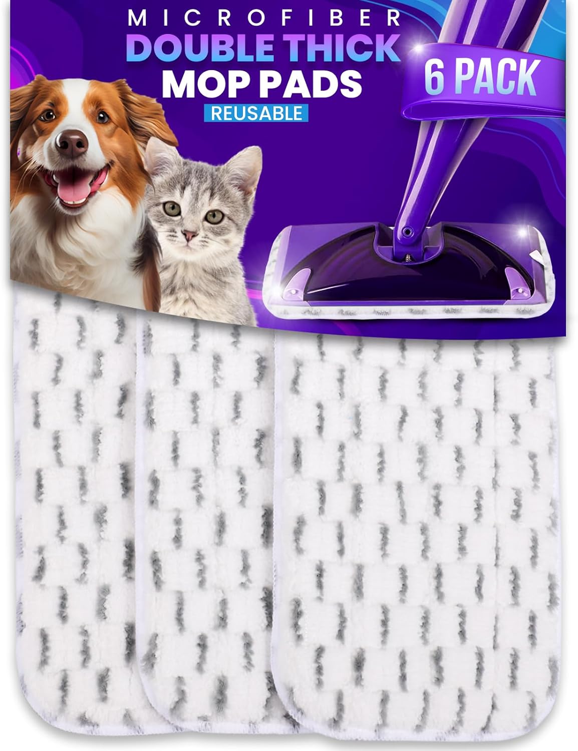 6pcs of Universal 11-inch Velcro Type Reusable Floor Mop Pads Compatible with Swiffer Wet Jet