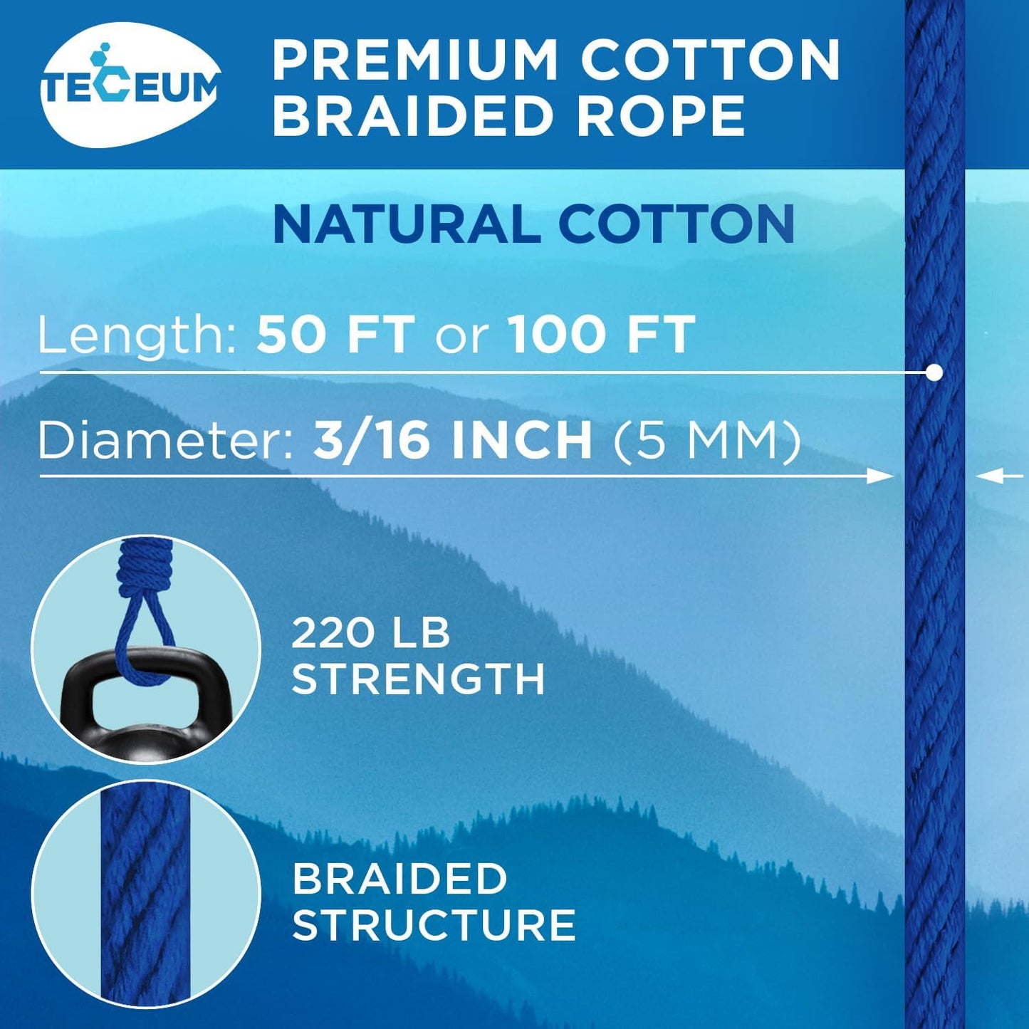 TECEUM Cotton Rope 3/16” (5 mm) – 100 FT – Strong All-Purpose Braided Rope – Natural Cotton – for