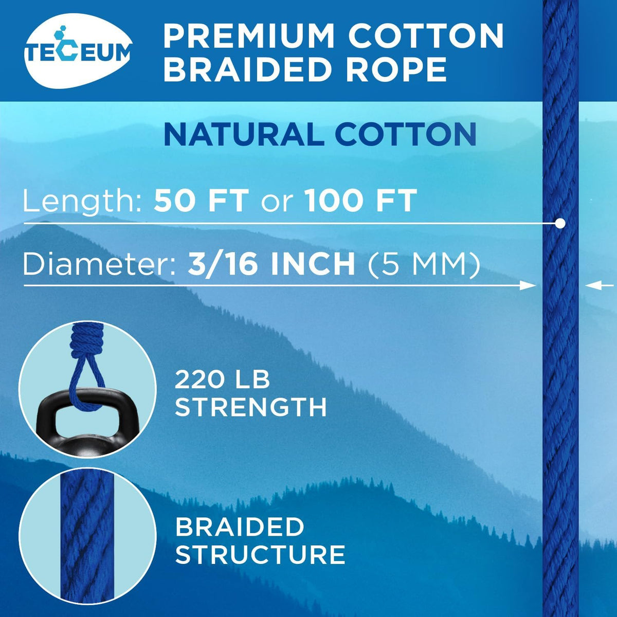 TECEUM Cotton Rope 3/16” (5 mm) – 50 FT – Strong All-Purpose Braided Rope – Natural Cotton – for