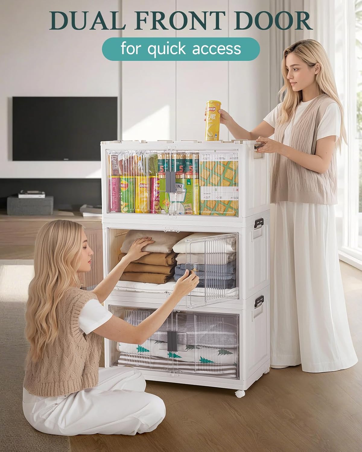 OlarHike 97QT Stackable Storage Bins with Lids - Folding Storage Box with Doors and Wheels
