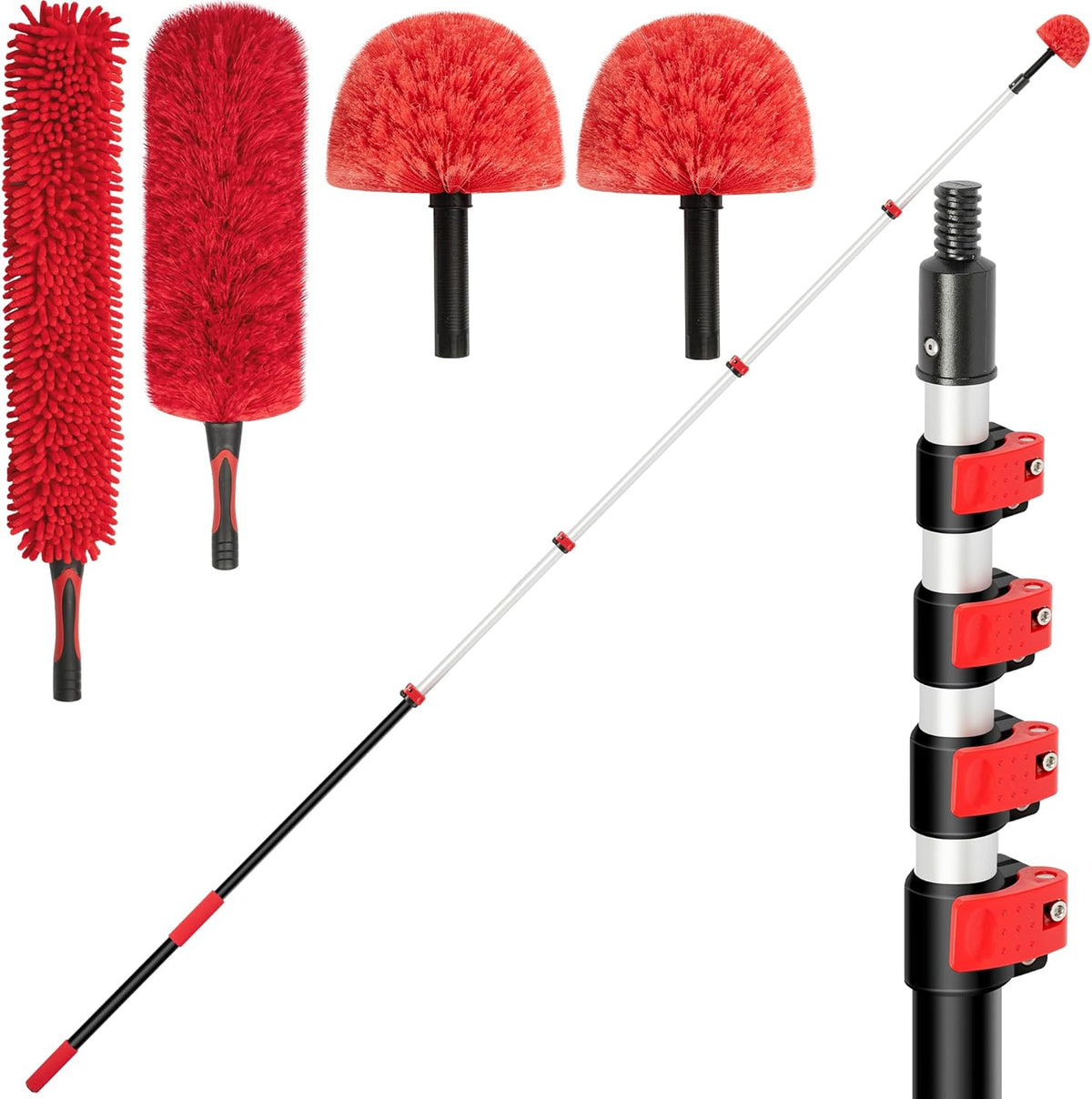 7-24 FT Extension Pole with 2 Outdoor Cobweb Brushes, 30 FT High Reach Ceiling Fan Cleaner Duster
