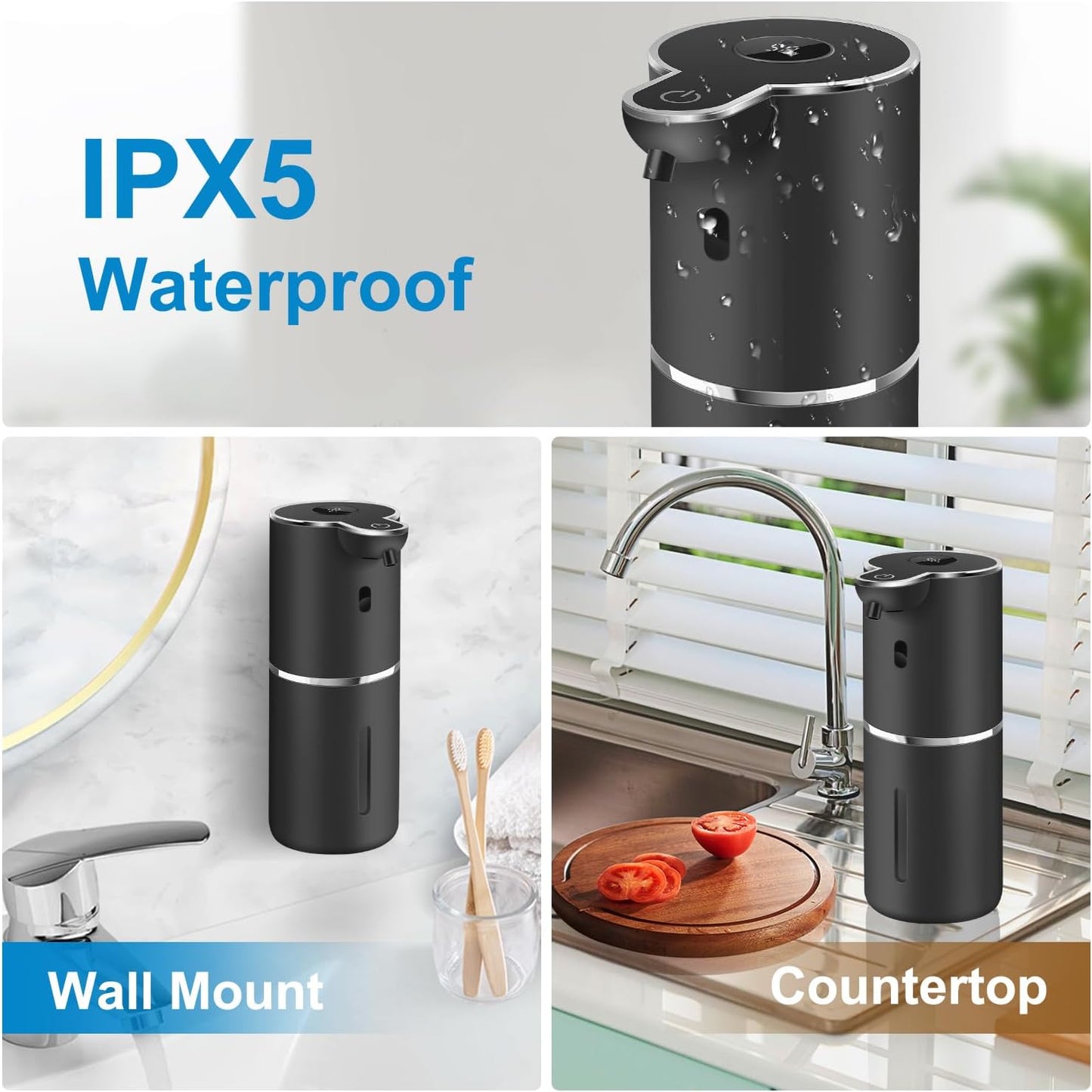 Automatic Liquid Soap Dispenser 12.8oz, Rechargeable & 6 Levels Soap Adjustable with Digital