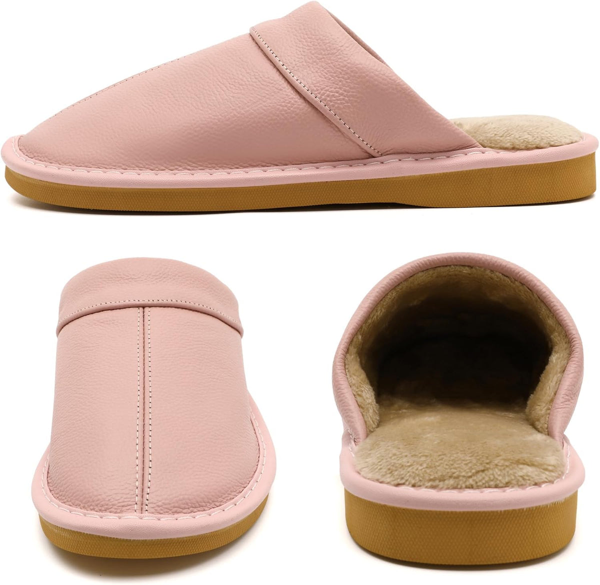Slippers for Women Men, Genuine Leather Slippers Indoor Outdoor, Fuzzy Bedroom House Shoes for