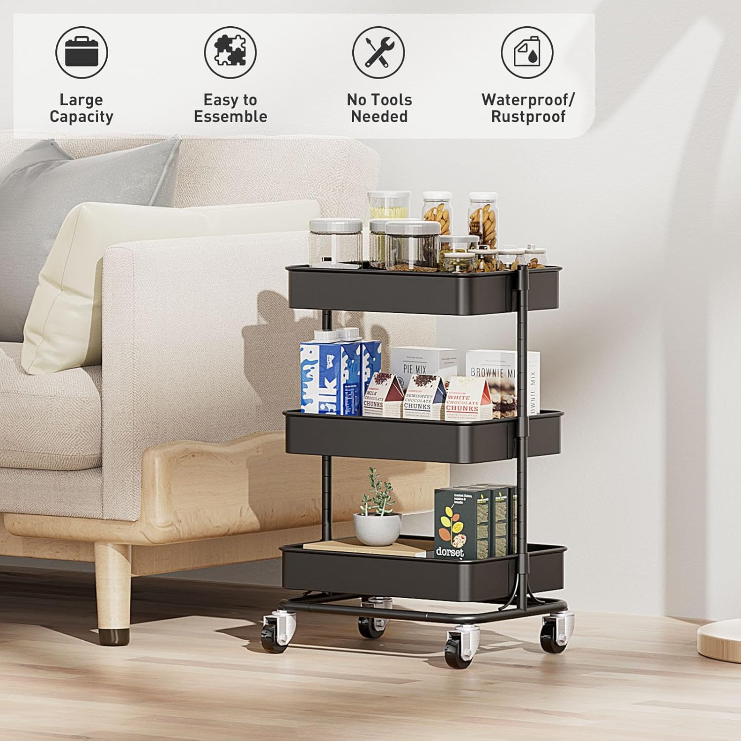 3 Tier Modern Metal Rolling Tool Cart with Silent Casters, 15.35x11.81x23.74 inch Heavy Duty