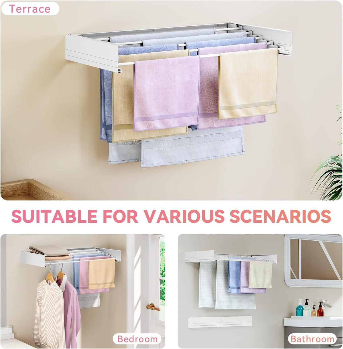 APEXCHASER Wall Mounted Clothes Drying Rack, Laundry Drying Rack Retractable, Towel Racks for