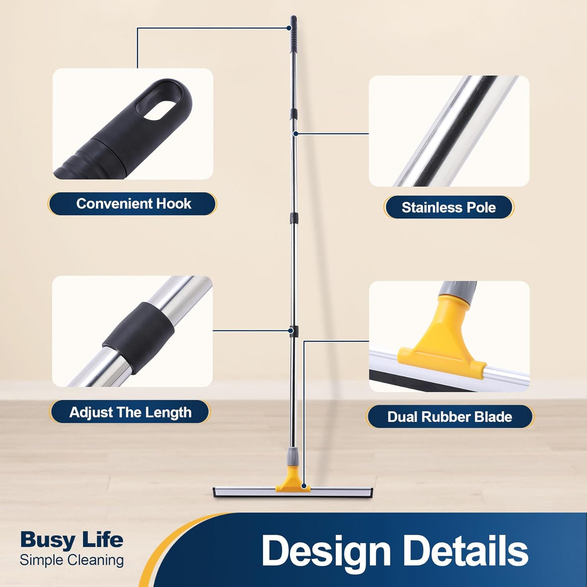 Yocada 17.7" Floor Squeegee Rubber TPR Blade Scrubber Broom 61.8inch Pole Household Broom for