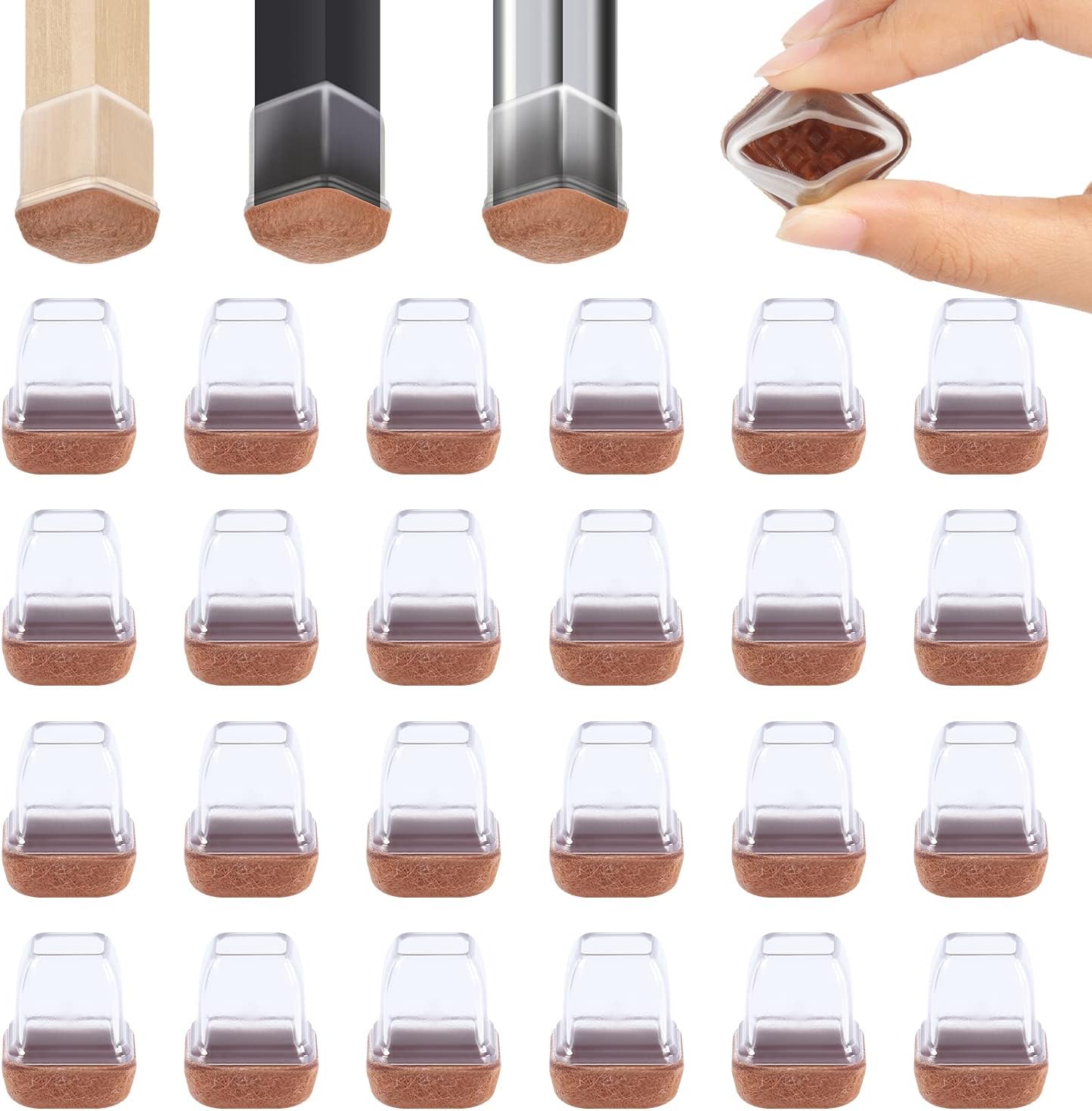 Ezprotekt 24 Pcs Small Clear Square Chair Leg Floor Protectors for Hardwood Floors, Silicone Felt