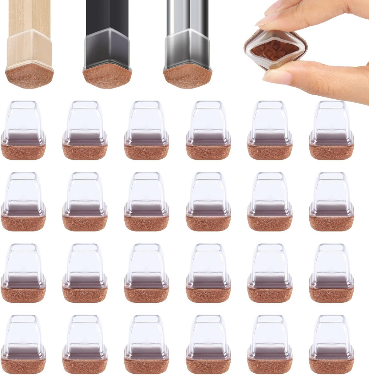 Ezprotekt 24 Pcs Small Clear Square Chair Leg Floor Protectors for Hardwood Floors, Silicone Felt