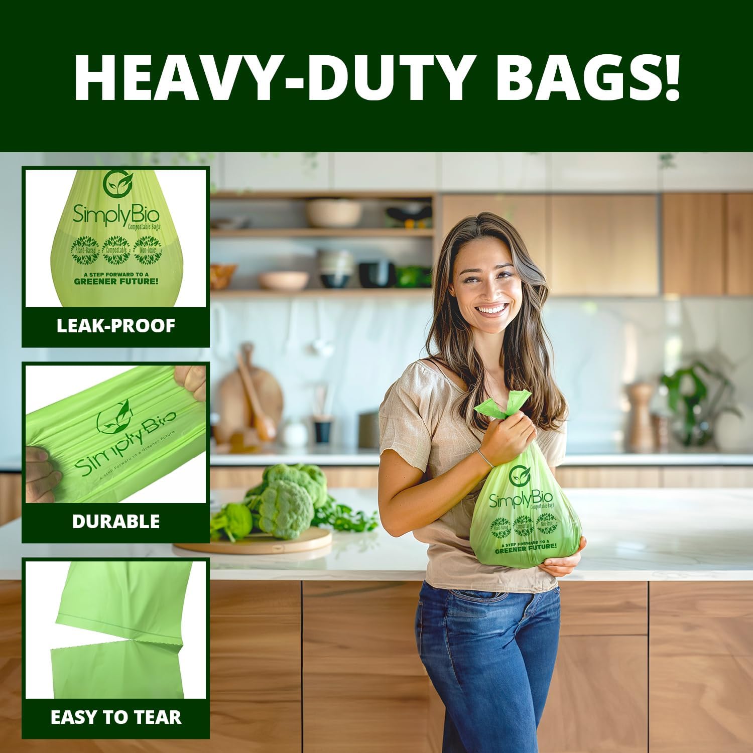 Simply Bio 3 Gallon Compostable Trash Bags Liners with Handle-Tie, Thick 0.67 Mil, 11.36 Liter, 80
