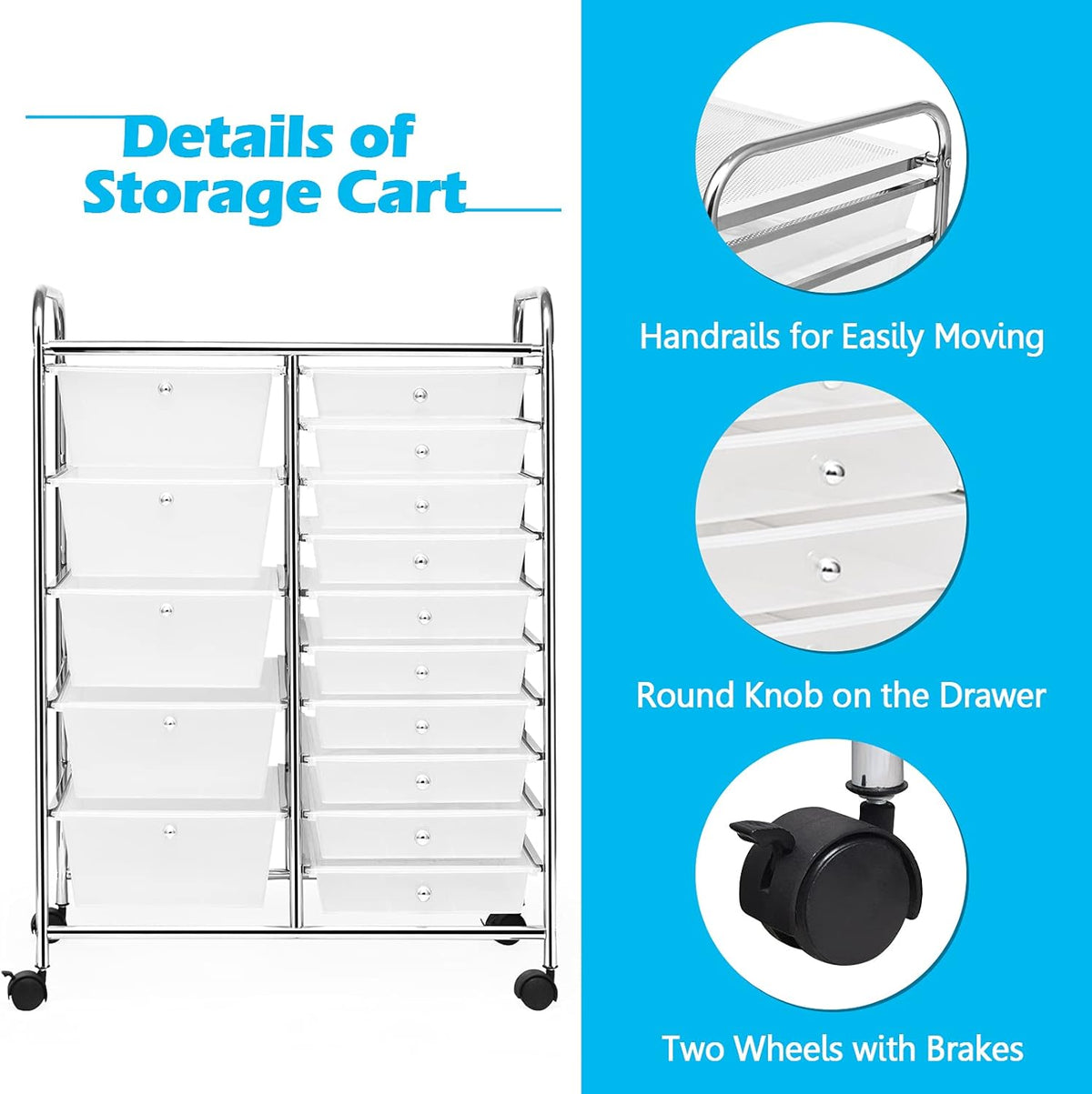 GOFLAME 15-Drawer Rolling Storage Cart, Multipurpose Movable Organizer, Utility Cart for Home