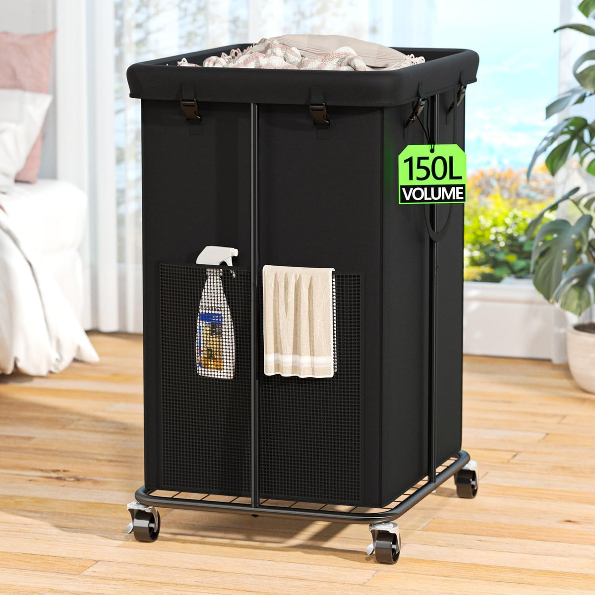 150L Laundry Hamper with Wheels, Rolling Laundry Basket with Metal Frame and Removable Bag, Large &