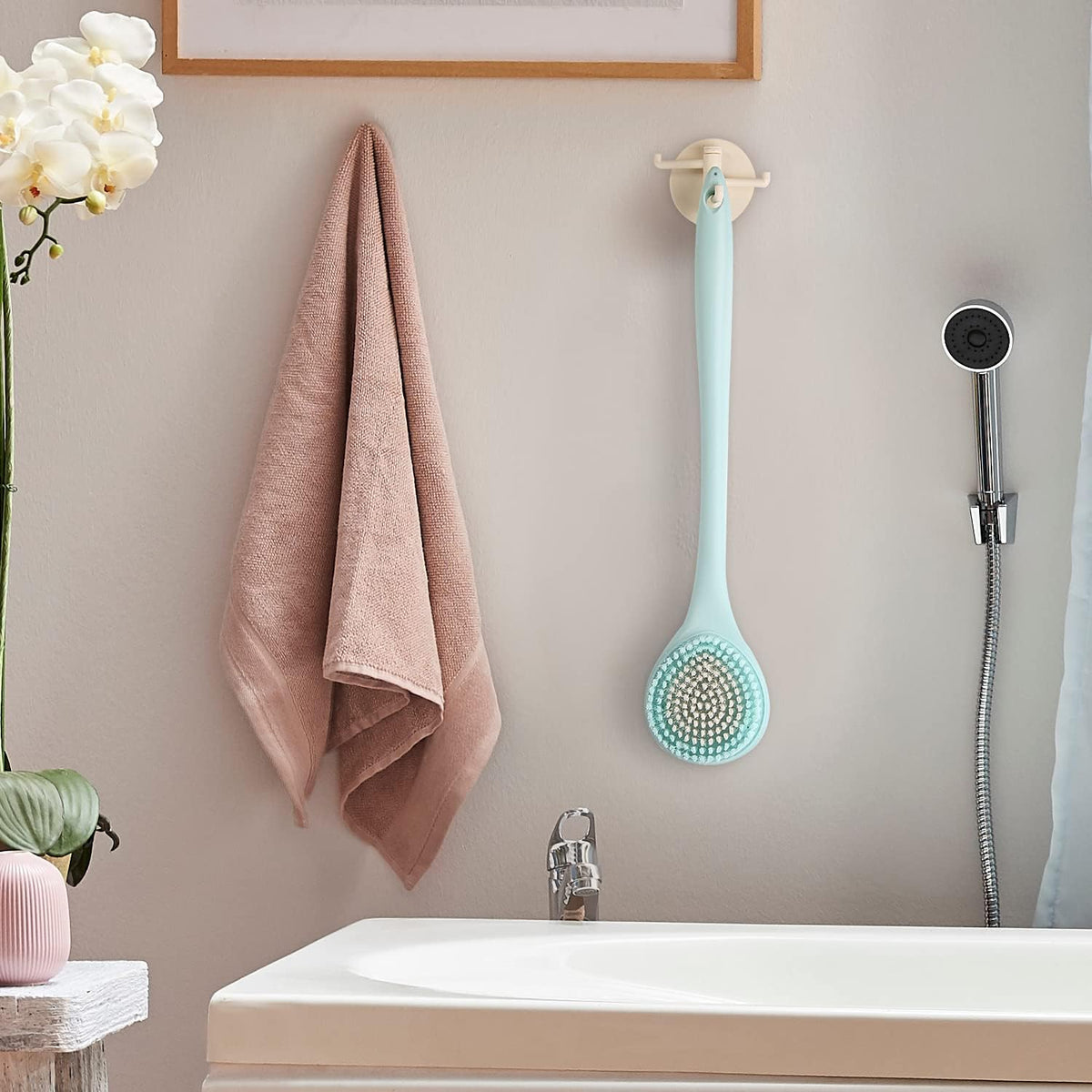BEDELITE Back Scrubber for Shower - Long Handle Bath Brush (16.4 inches) with Soft Bristles