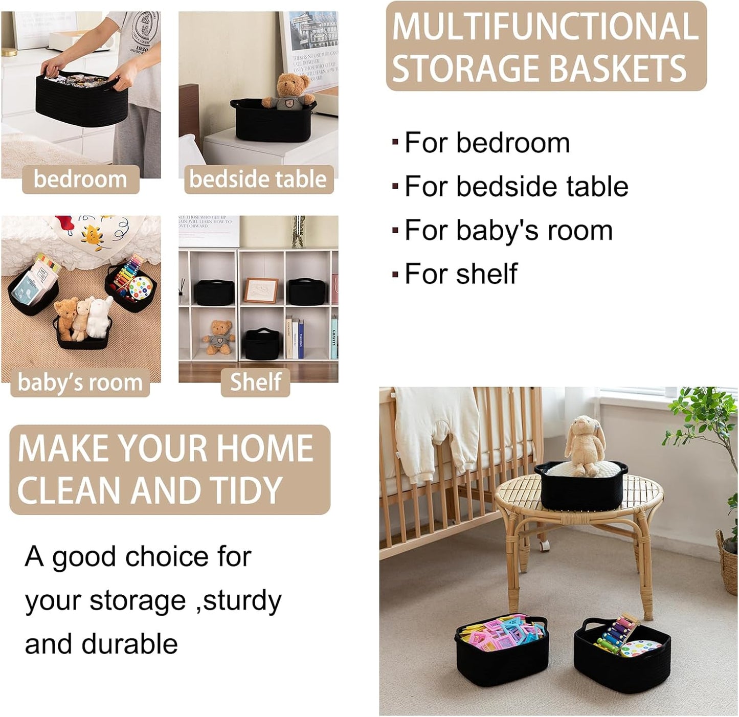 OIAHOMY Cotton Rope Woven Baskets for Storage, Nursery Rectangle Storage Basket with Handles for