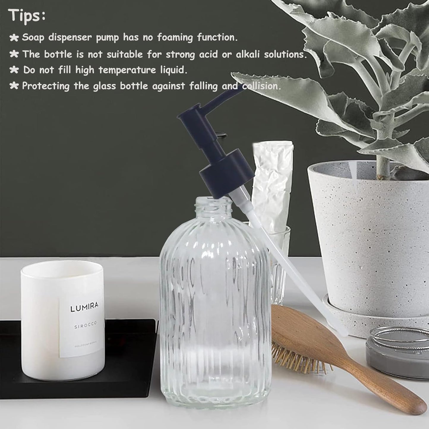 Clear Glass Soap Dispenser with Black Plastic Pump, 13.5oz Refillable Liquid Hand Soap Dispenser
