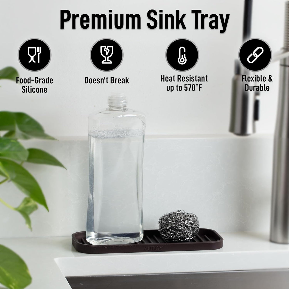 Zulay Kitchen (9x3.5 Silicone Sponge Holder for Kitchen Sink - Flexible Multipurpose Soap Tray