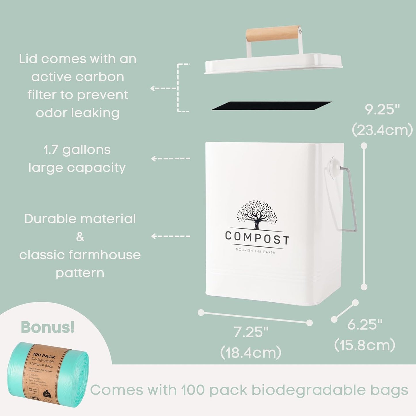 PERFNIQUE Kitchen Compost Bin, 1.7 Gallon Countertop Compost Bin with Lid, Indoor Compost Bin
