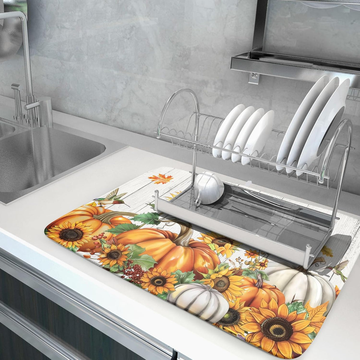 Fall Sunflower Maple Leaves Dish Drying Mat for Kitchen Counter Autumn Harvest Pumpkin Dish Drying