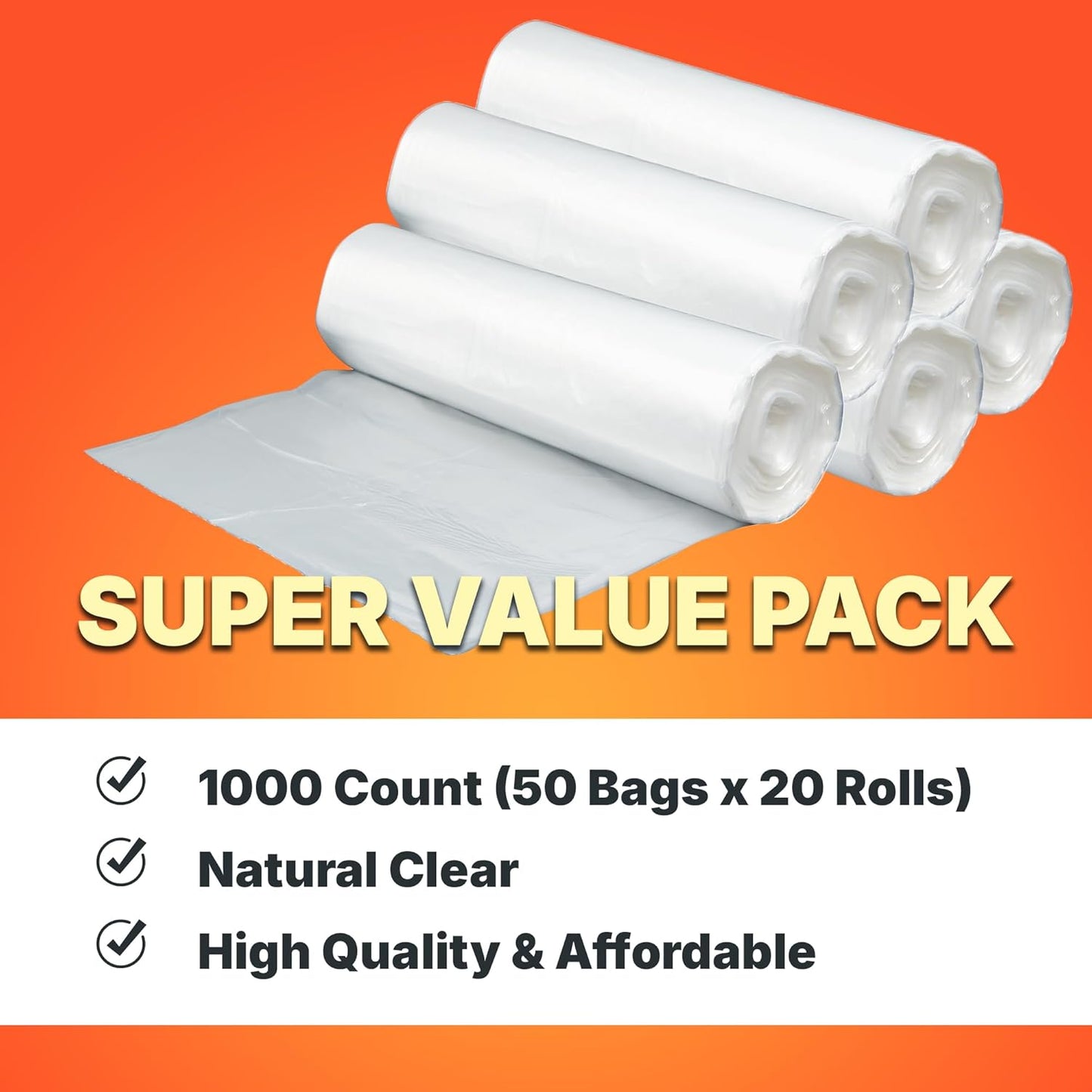 7-10 Gallon Trash Bags, 8 Micron High Density Garbage Can Liners Bulk, 24" x 24", Natural Clear