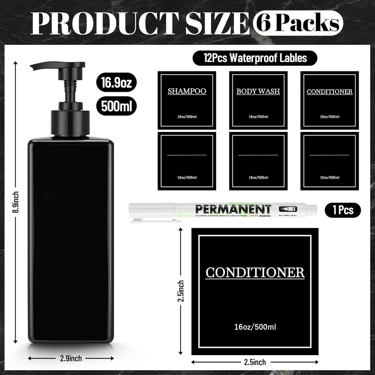 Tanlade 6 Pcs Shampoo and Conditioner Dispenser Bottles 16oz Modern Shower Soap Bottles with Pump