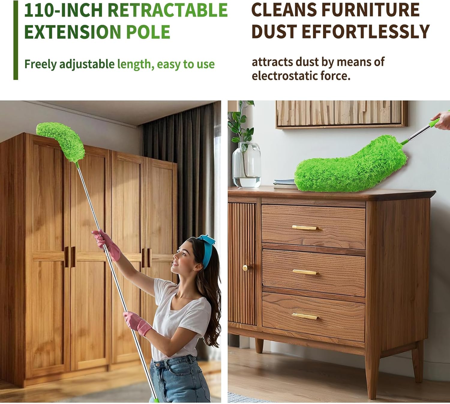 Cobweb Duster with Extension Pole, Washable Cleaning Duster Set with 2 Duster Heads, Corner Brush