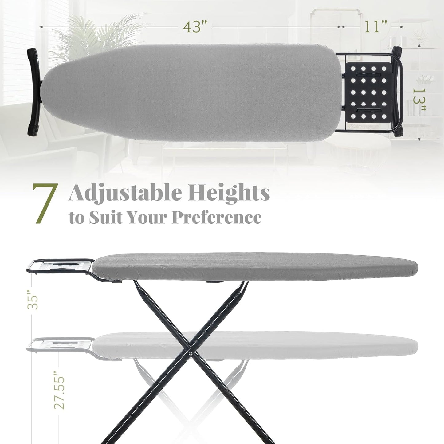 Ironing Board Full Size, RAINHOL 43"x13" Heavy Duty Compact Ironing Board with Iron Rest, Height