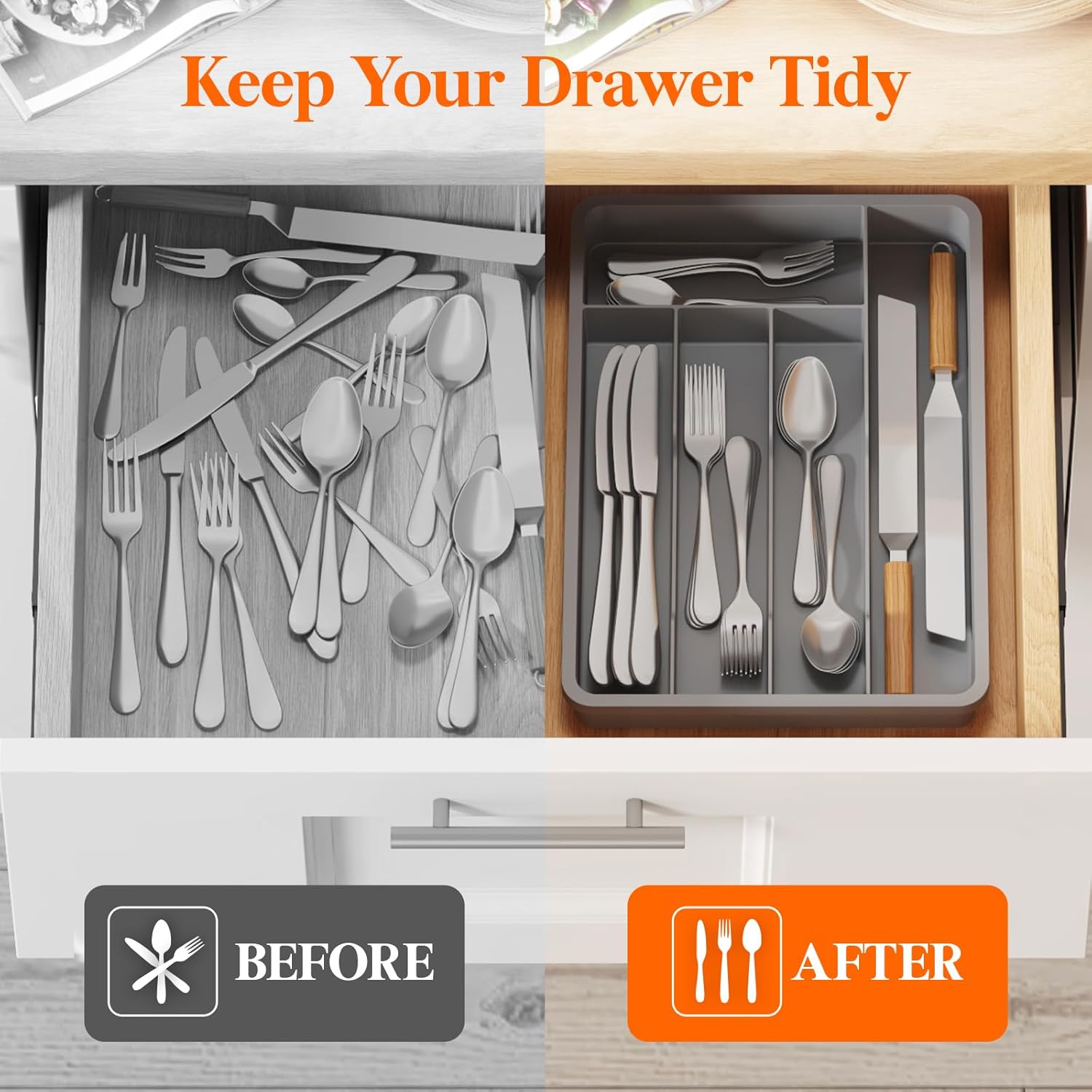 Lifewit Silverware Tray, Deep Wide Cutlery Drawer Organizer Storage for Kitchen, Plastic Flatware