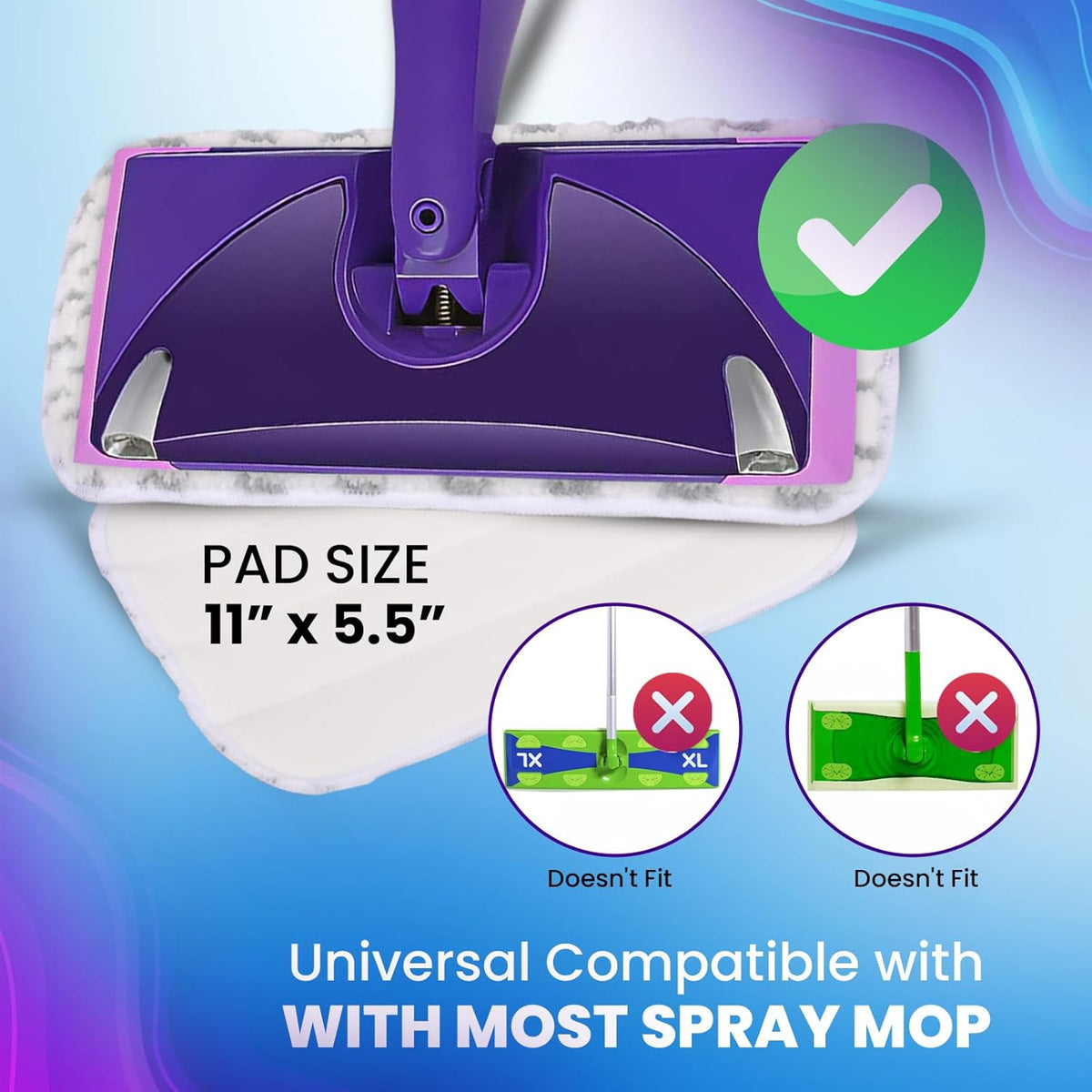3pcs of Universal 11-inch Velcro Type Reusable Floor Mop Pads Compatible with Swiffer Wet Jet