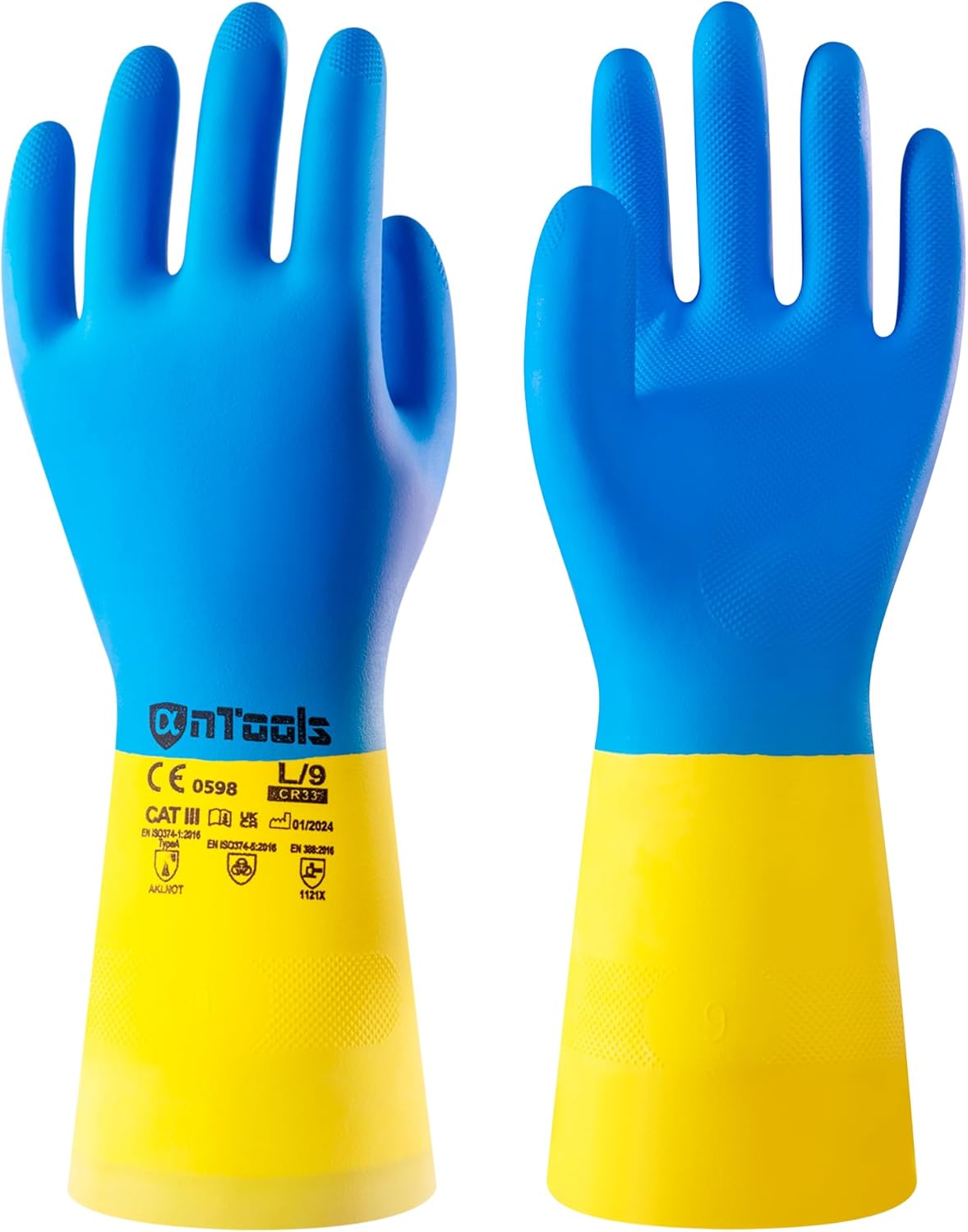 2 Pairs Neoprene and Rubber Blend Heavy-Duty Chemical Gloves, Protective industrial gloves for