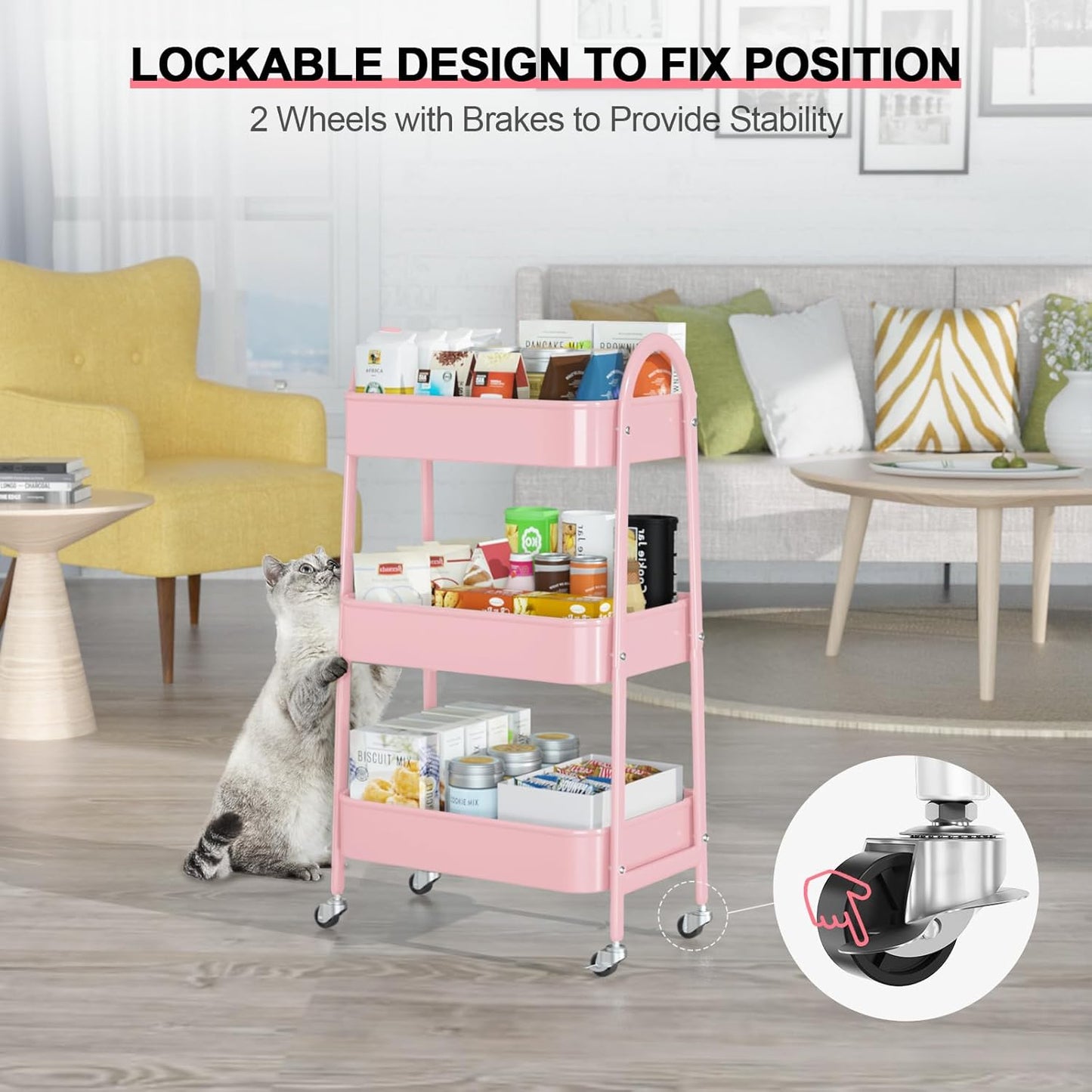 EAGMAK 3 Tier Utility Rolling Cart, Metal Storage Cart with Handle and Lockable Wheels