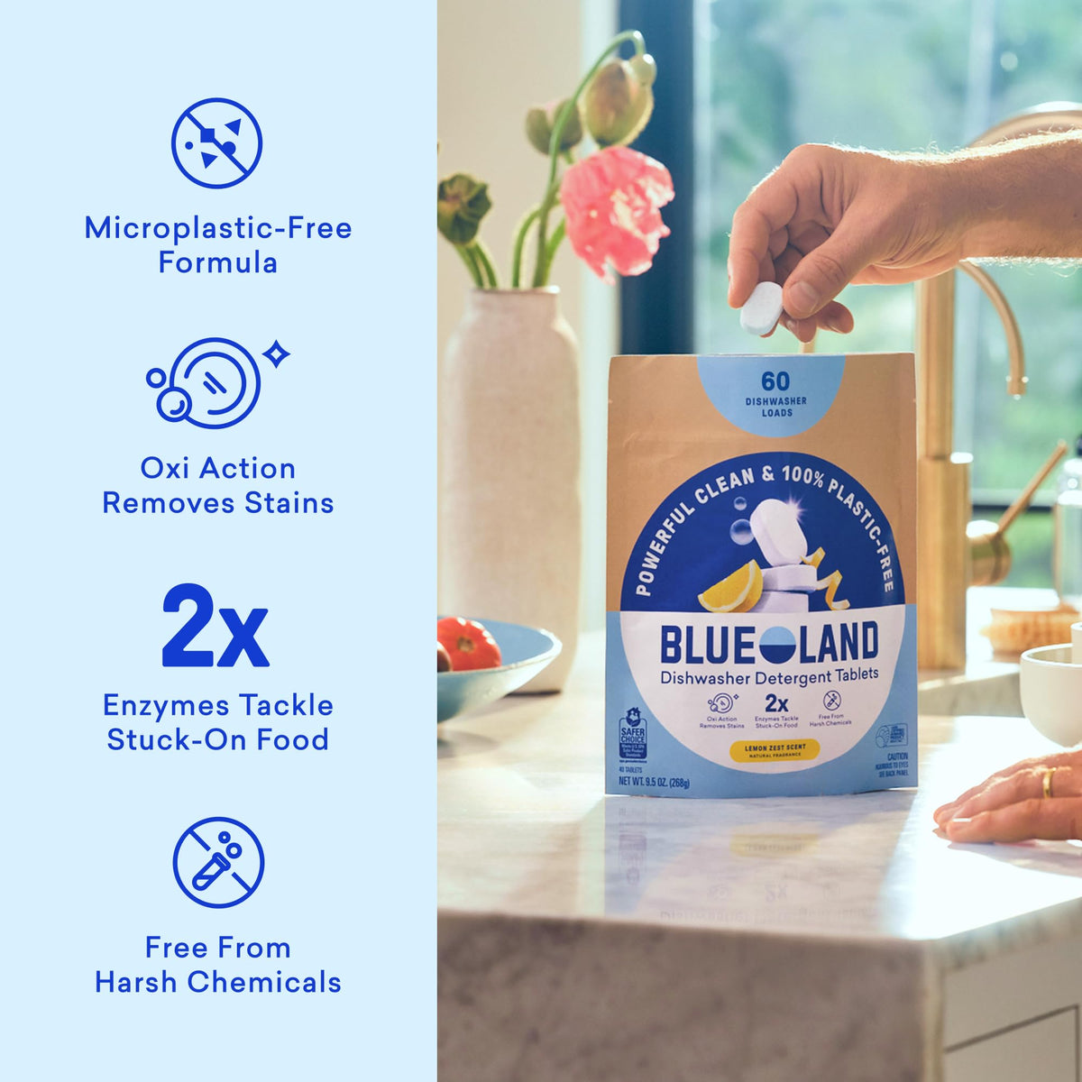 BLUELAND 100% Plastic-Free Dishwasher Detergent Tablets, 60ct, Lemon Zest