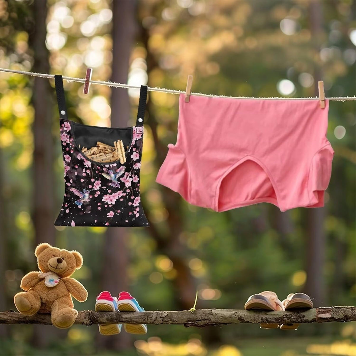 Waterproof Clothespin Bag with Hanger Hook Cherry Blossom Hummingbird - Large Opening Organizer for
